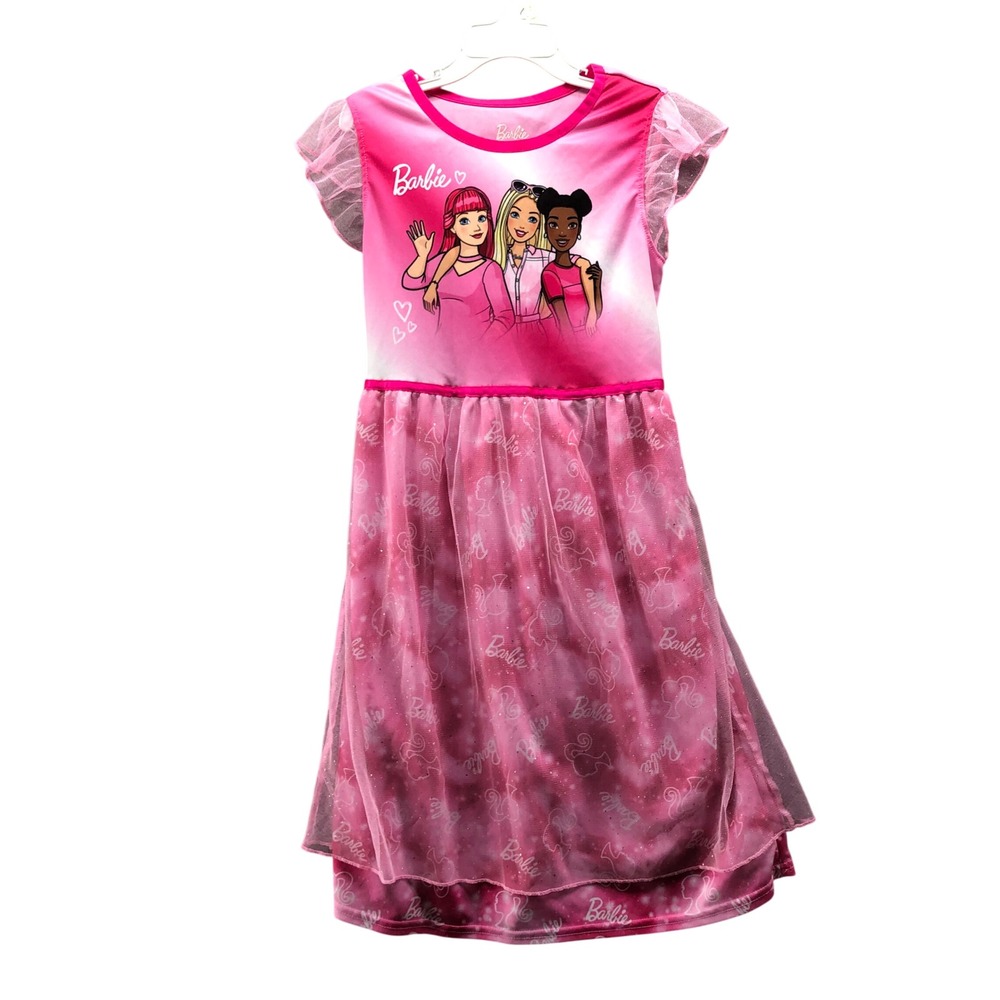 Barbie Girls 7-8 (M) Pajama Dress Pink Tulle Ruffle Sleeve Princess